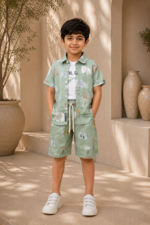 Boys Mint Green Animal Print Half Sleeve Shirt & Shorts Co-ord Set | Premium Cotton Summer Outfit for Kid 385PT-30-GRN