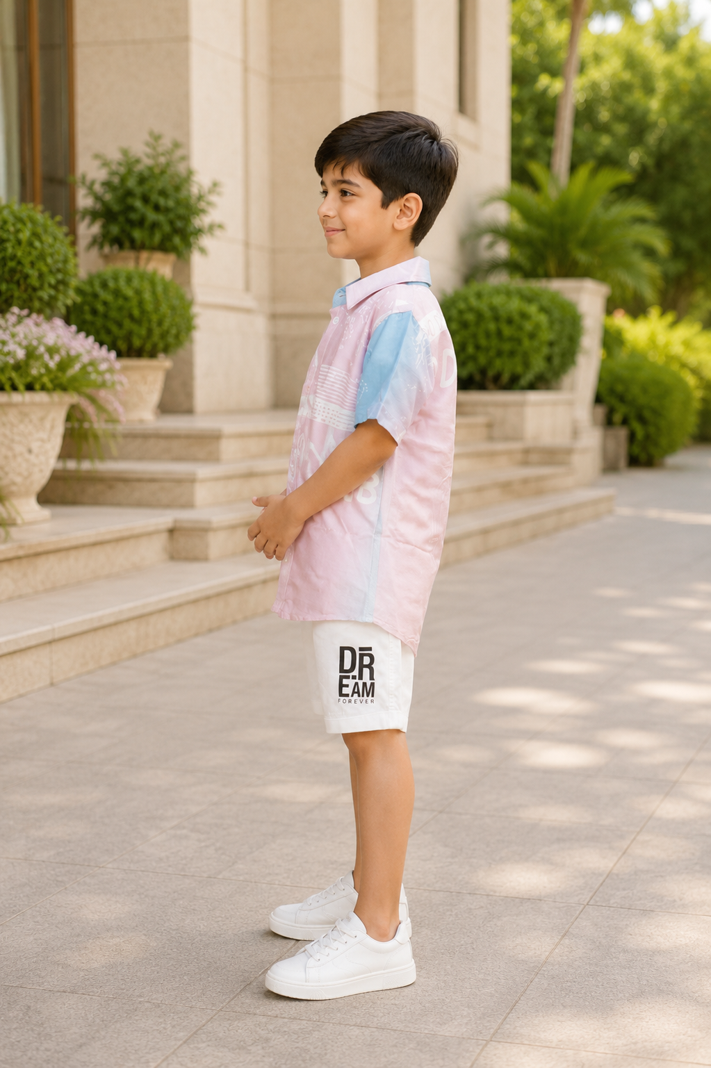 Boys Pink & Blue Color Block Half Sleeve White Shorts Co-ord Set | Premium Summer Casual Outfit for Kids 2585PT-30-BLU - Image 3