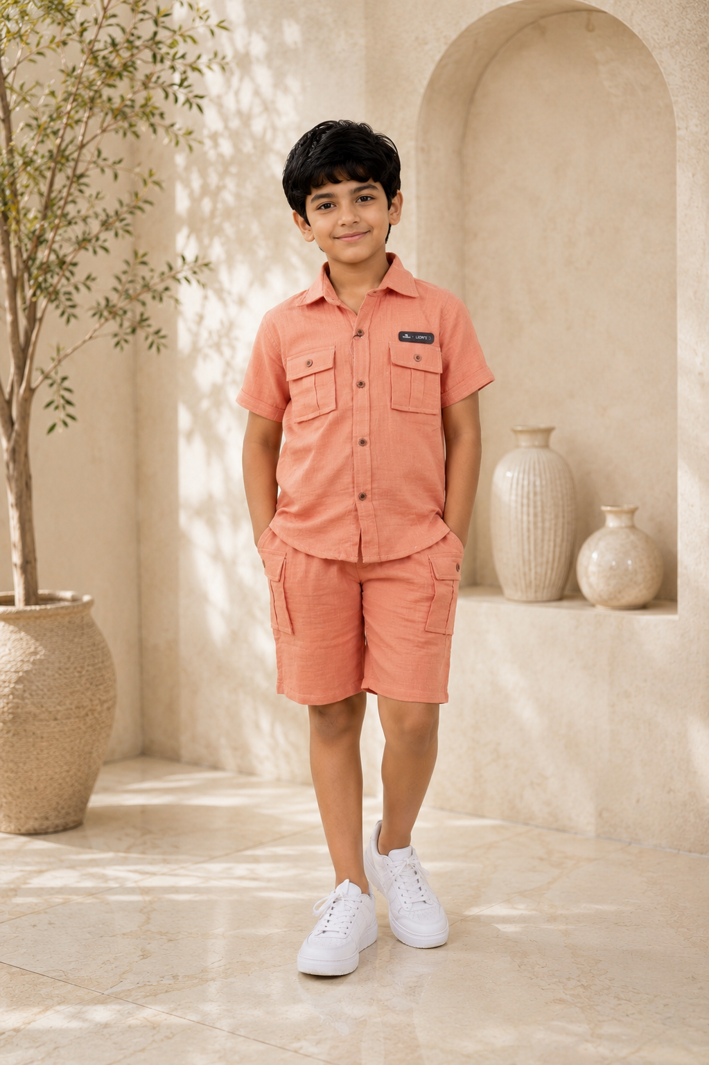 Boys Peach Cotton Half Sleeve Shirt & Cargo Shorts Co-ord Set | Premium Summer Casual Outfit for Kids 18150PT-30- ORG