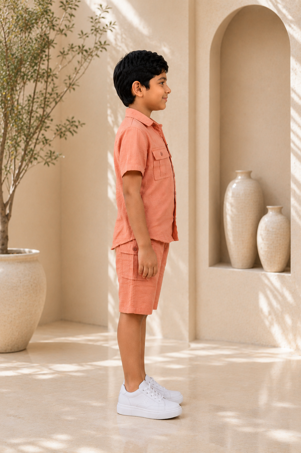 Boys Peach Cotton Half Sleeve Shirt & Cargo Shorts Co-ord Set | Premium Summer Casual Outfit for Kids 18150PT-30- ORG - Image 4
