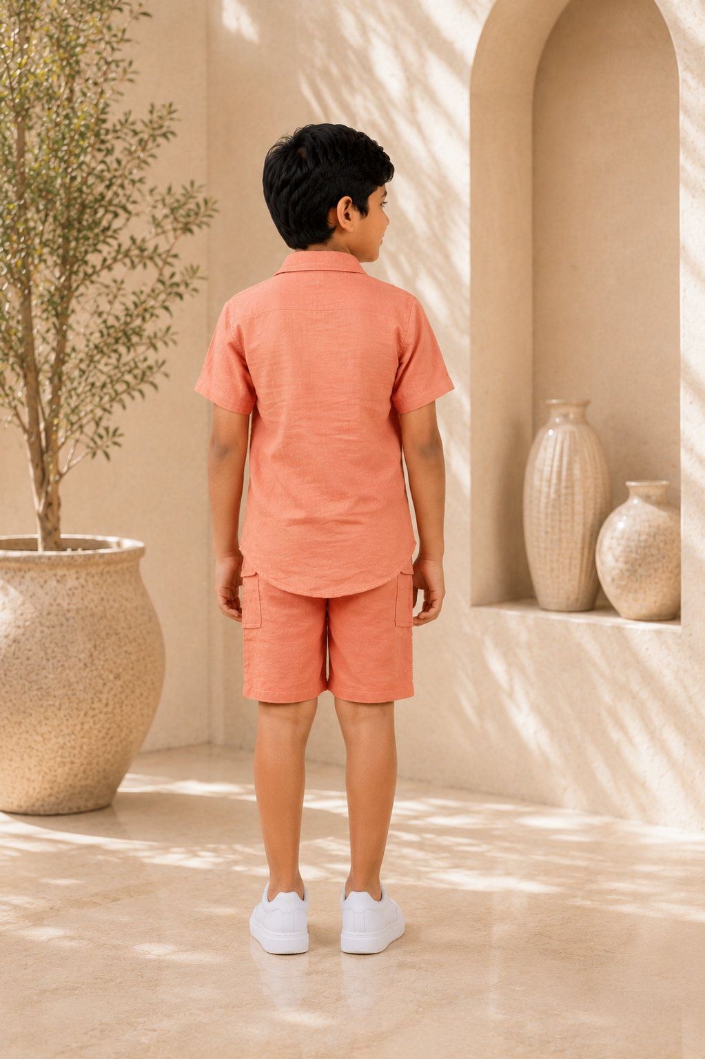Boys Peach Cotton Half Sleeve Shirt & Cargo Shorts Co-ord Set | Premium Summer Casual Outfit for Kids 18150PT-30- ORG - Image 2