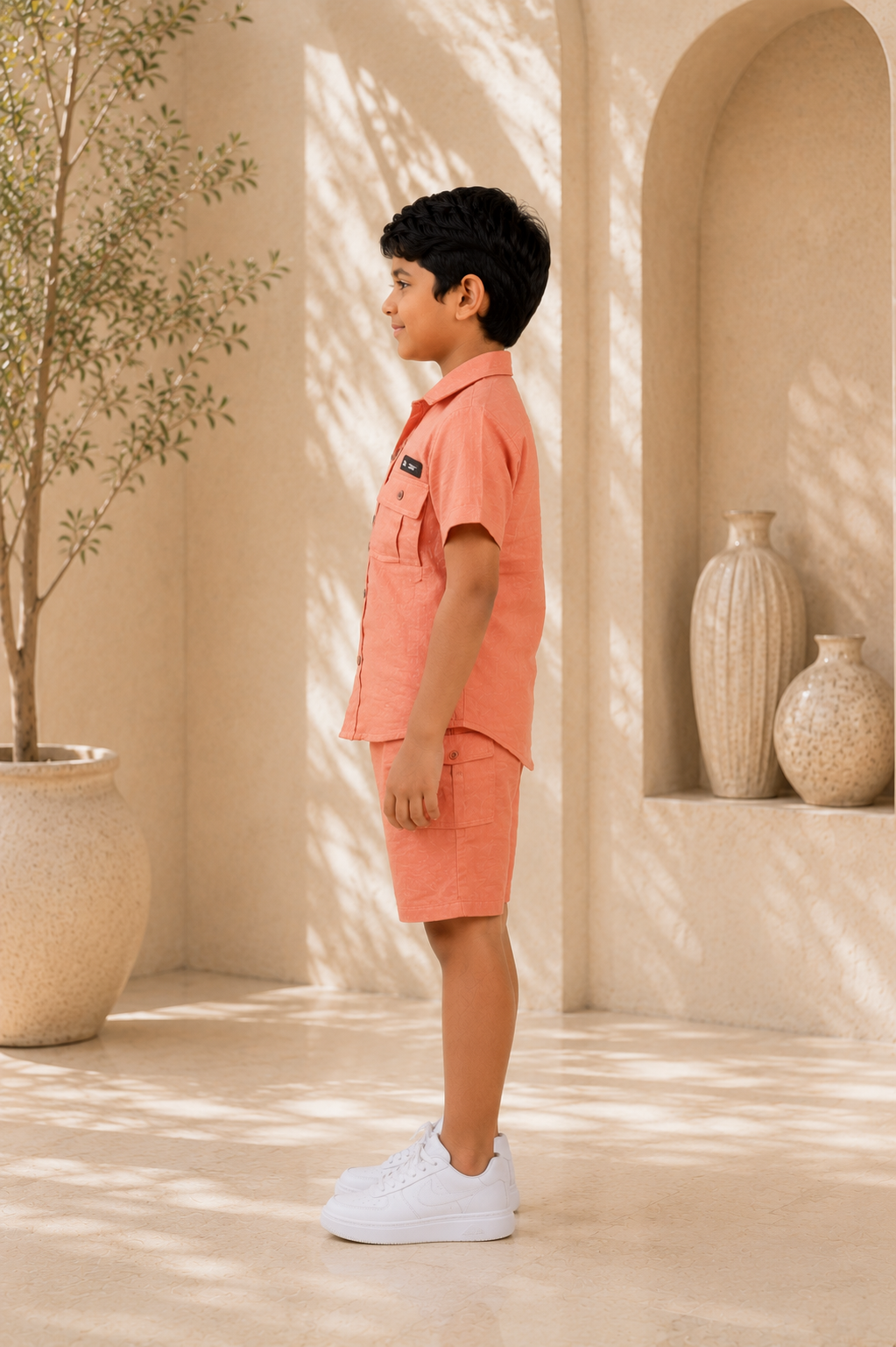 Boys Peach Cotton Half Sleeve Shirt & Cargo Shorts Co-ord Set | Premium Summer Casual Outfit for Kids 18150PT-30- ORG - Image 3