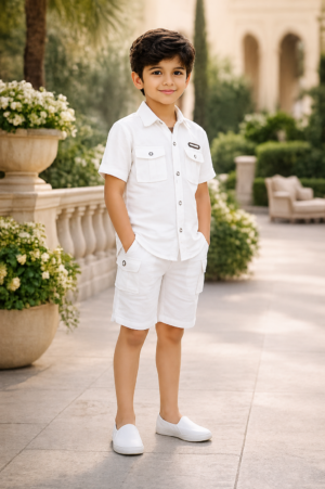 Boys White Cotton Half Sleeve Shirt & Cargo Shorts Co-ord Set | Premium Summer Casual Outfit for Kids 18150PL-30-WHT