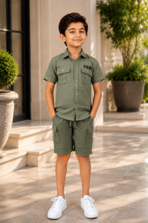 Boys Olive Green Cotton Half Sleeve Shirt & Cargo Shorts Co-ord Set | Premium Summer Casual Outfit for Kids 18150PL-30-GRN