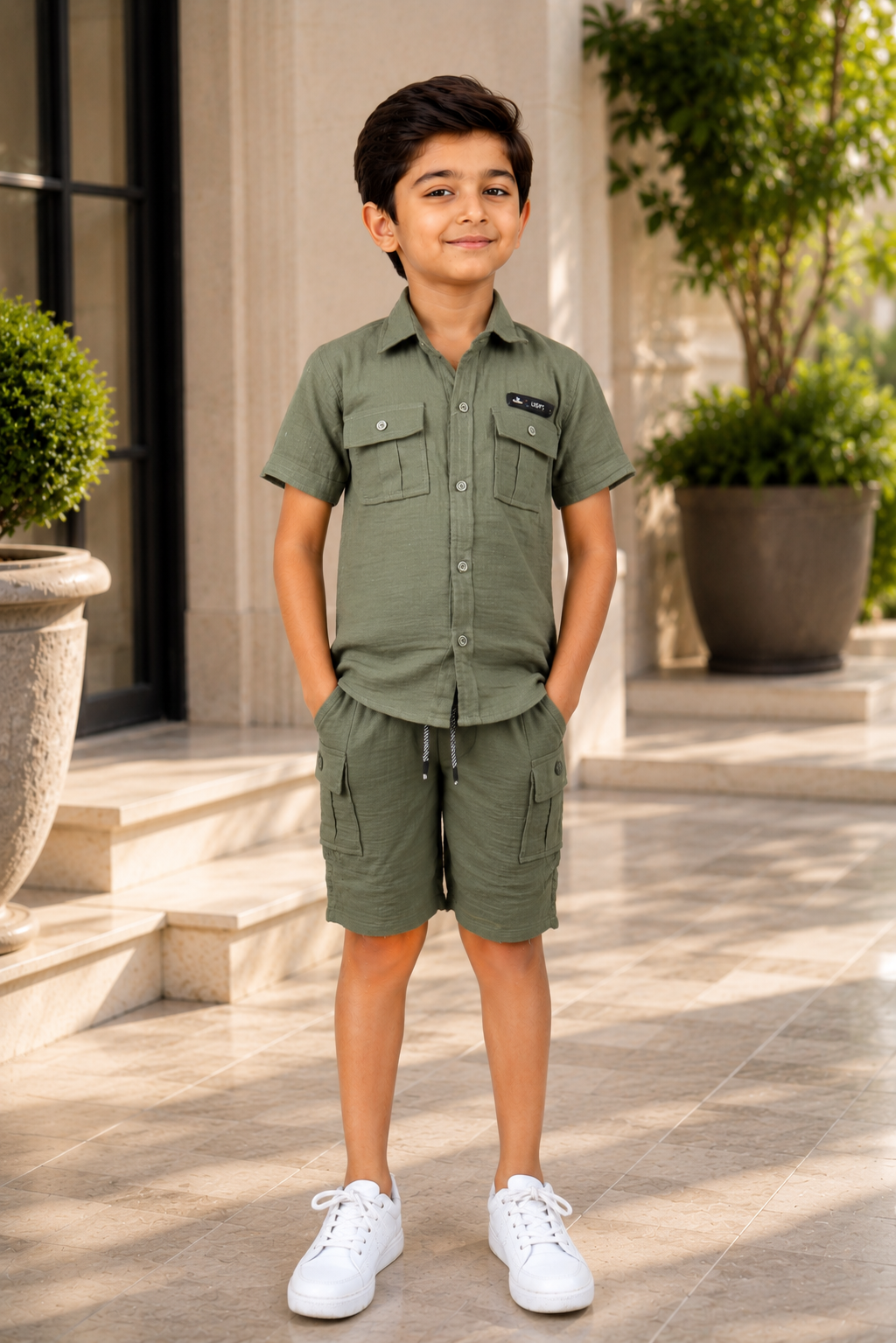 Boys Olive Green Cotton Half Sleeve Shirt & Cargo Shorts Co-ord Set | Premium Summer Casual Outfit for Kids 18150PL-30-GRN
