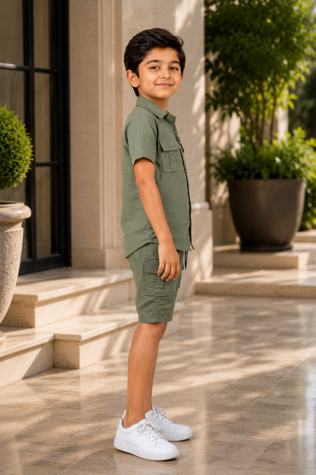 Boys Olive Green Cotton Half Sleeve Shirt & Cargo Shorts Co-ord Set | Premium Summer Casual Outfit for Kids 18150PL-30-GRN - Image 4