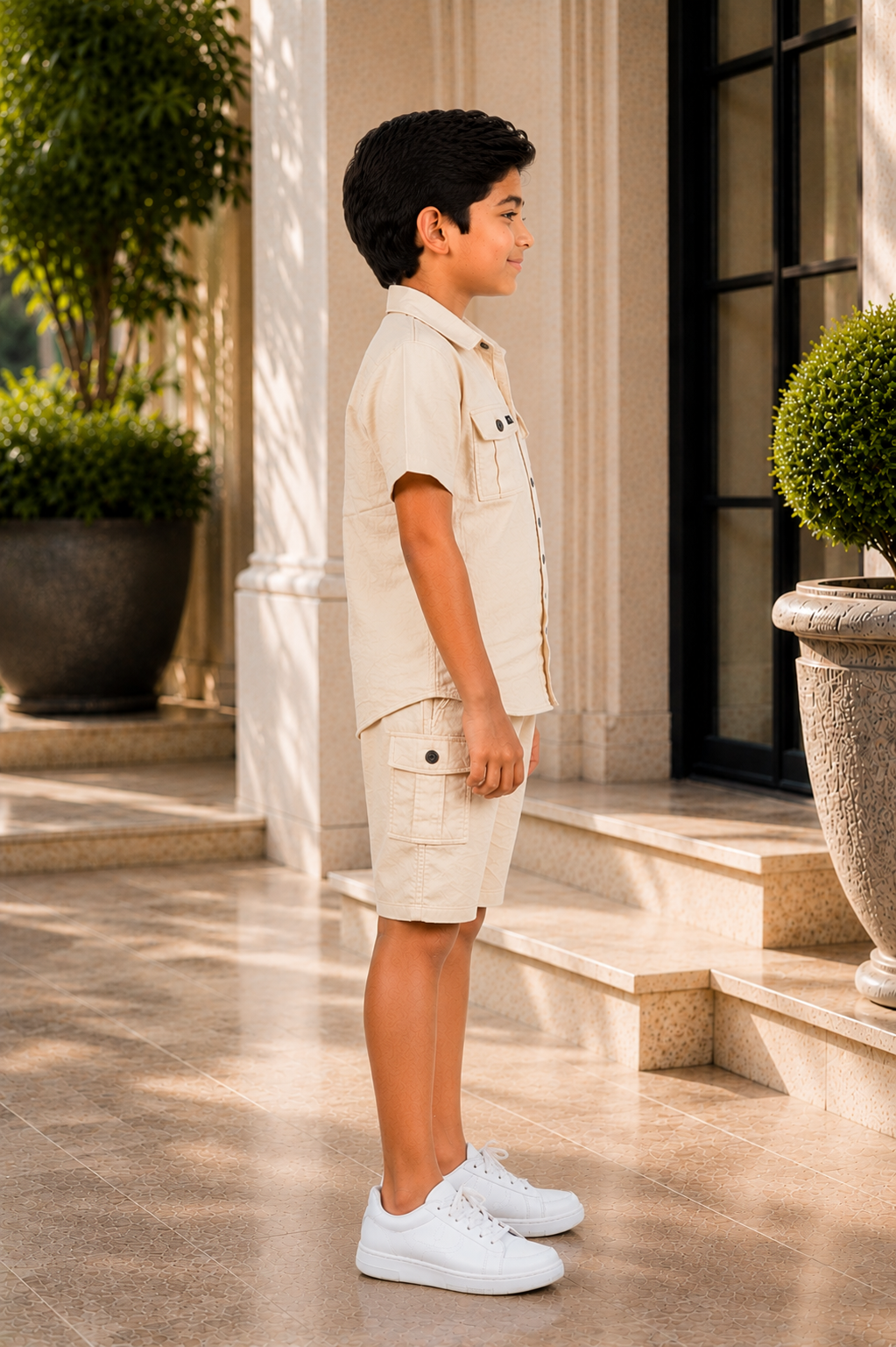 Boys Beige Cotton Half Sleeve Shirt & Cargo Shorts Co-ord Set | Premium Summer Casual Outfit for Kids 18150PL-30-CML - Image 3