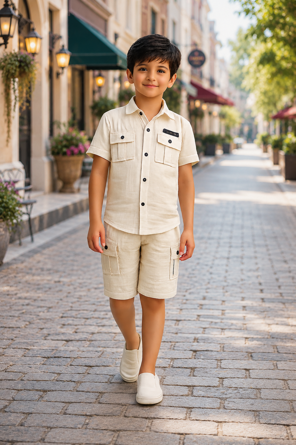 Boys Beige Cotton Half Sleeve Shirt & Cargo Shorts Co-ord Set | Premium Summer Casual Outfit for Kids 18150PL-30-CML