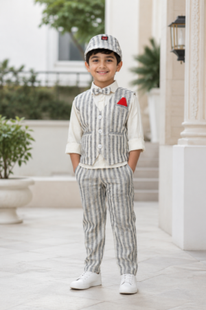 Boys Grey Striped 4-Piece Waistcoat Suit Set with Bow Tie & Matching Cap | Premium Party & Wedding Wear 2706LN-221-BLK