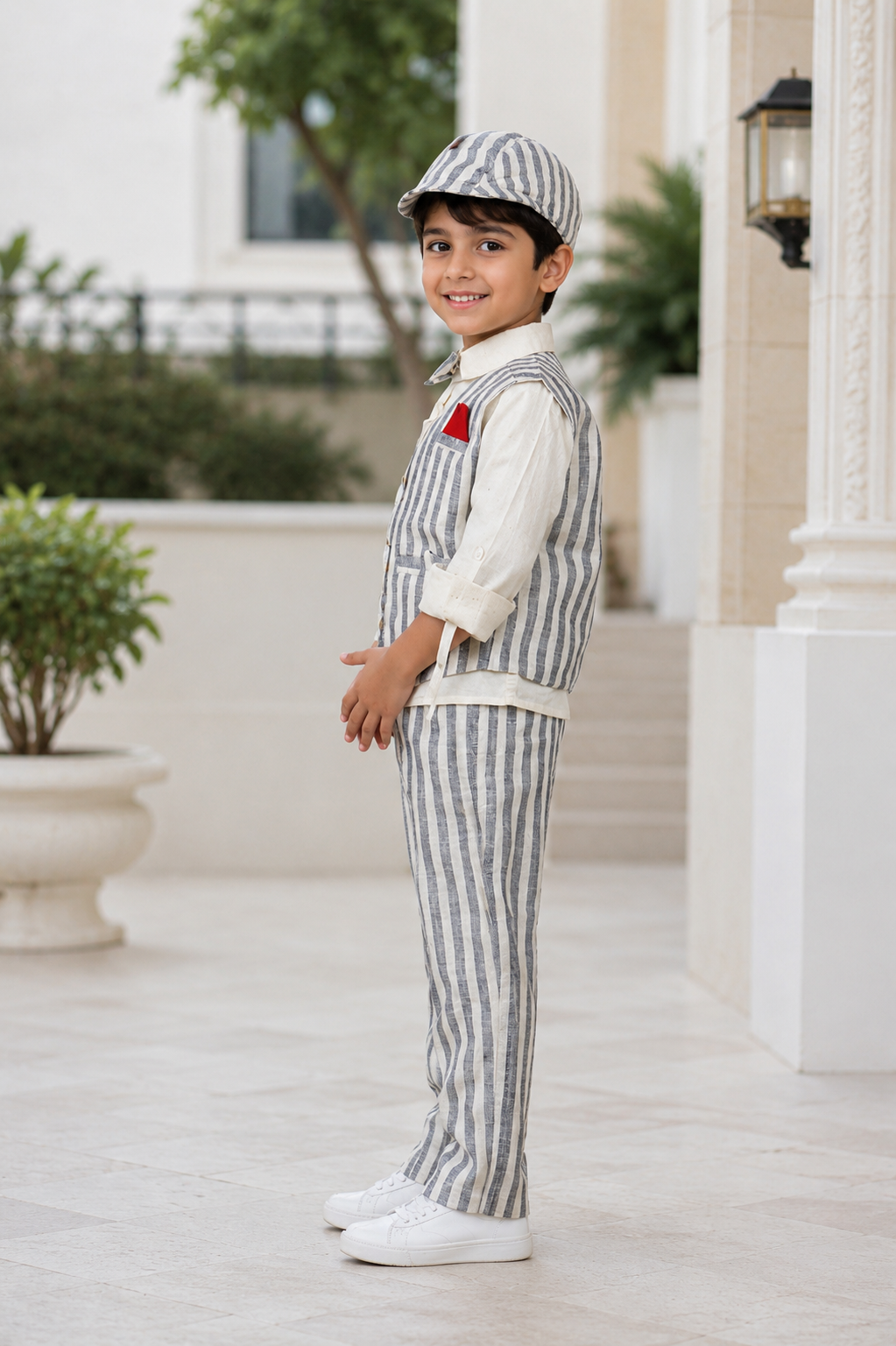 Boys Grey Striped 4-Piece Waistcoat Suit Set with Bow Tie & Matching Cap | Premium Party & Wedding Wear 2706LN-221-BLK - Image 5