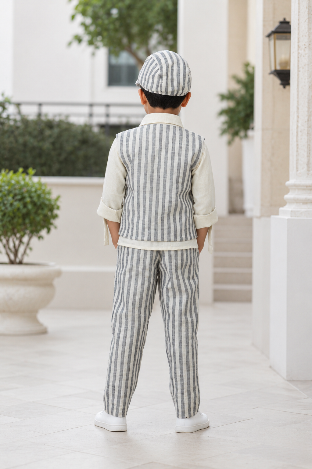 Boys Grey Striped 4-Piece Waistcoat Suit Set with Bow Tie & Matching Cap | Premium Party & Wedding Wear 2706LN-221-BLK - Image 2