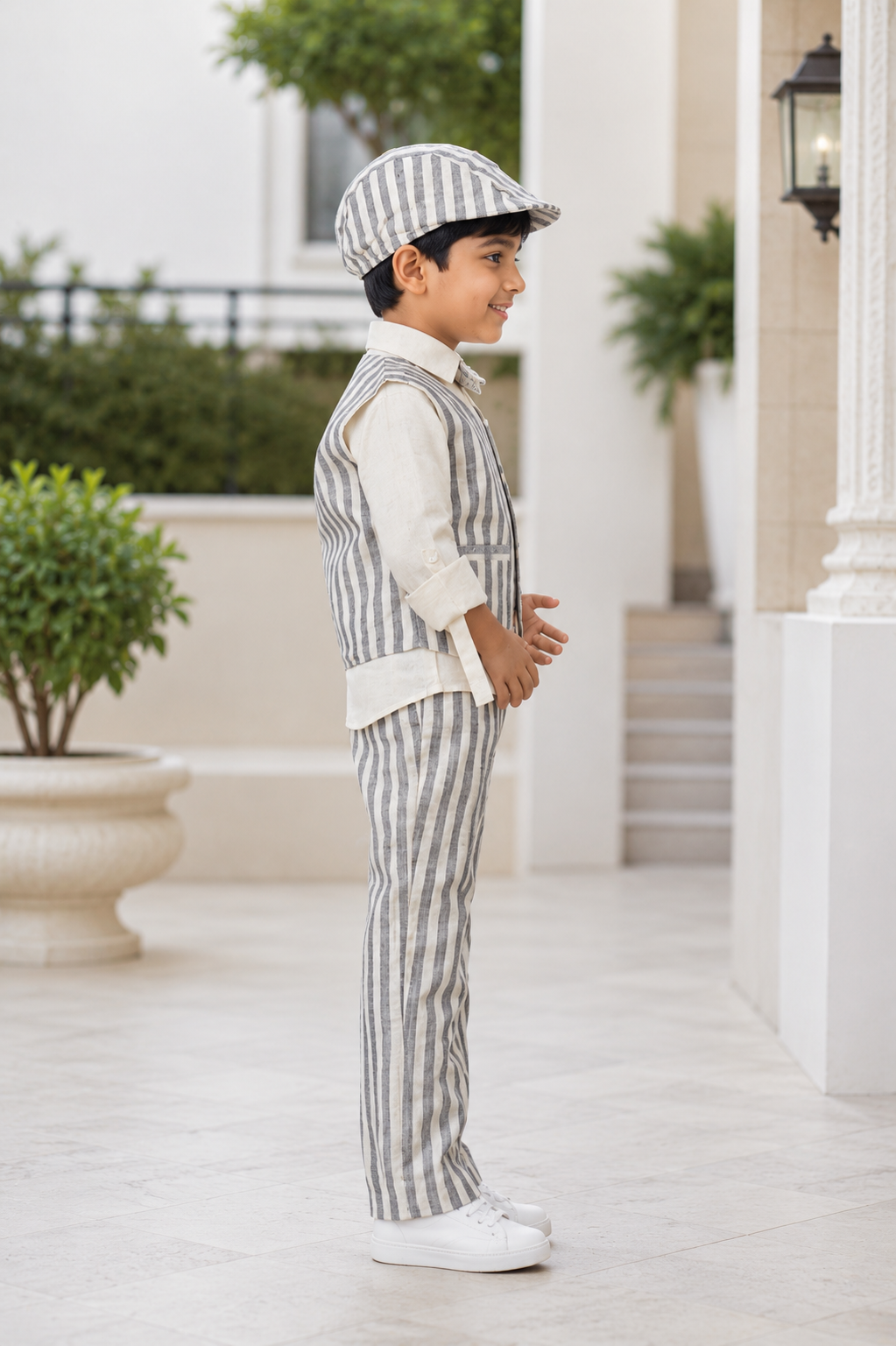 Boys Grey Striped 4-Piece Waistcoat Suit Set with Bow Tie & Matching Cap | Premium Party & Wedding Wear 2706LN-221-BLK - Image 3