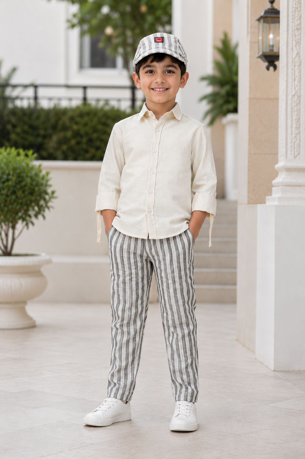 Boys Grey Striped 4-Piece Waistcoat Suit Set with Bow Tie & Matching Cap | Premium Party & Wedding Wear 2706LN-221-BLK - Image 4