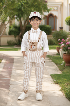 Boys Beige Stripe Dungaree Set with White Shirt, Bow Tie & Matching Cap | Premium Casual & Party Wear Outfit for Kids 2701LN-221-FWN