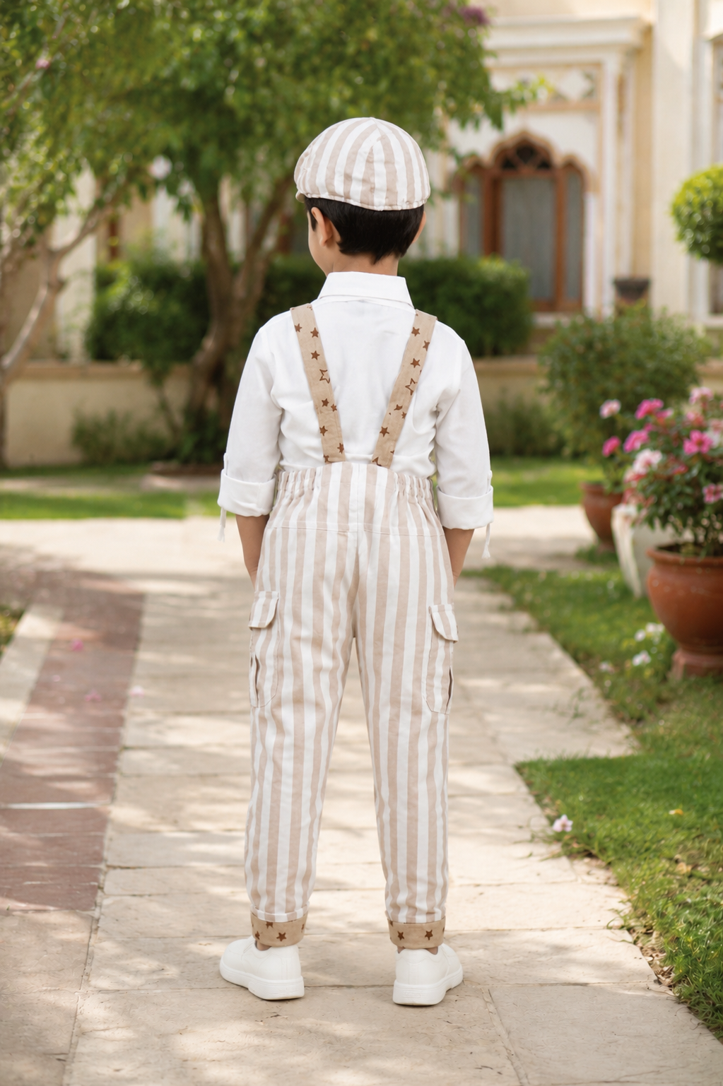 Boys Beige Stripe Dungaree Set with White Shirt, Bow Tie & Matching Cap | Premium Casual & Party Wear Outfit for Kids 2701LN-221-FWN - Image 4