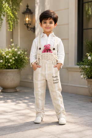 Boys Cream Checked Teddy Pocket Dungaree with White Cotton Shirt | Casual & Party Wear Kids Outfit 2976LN-221-FWN