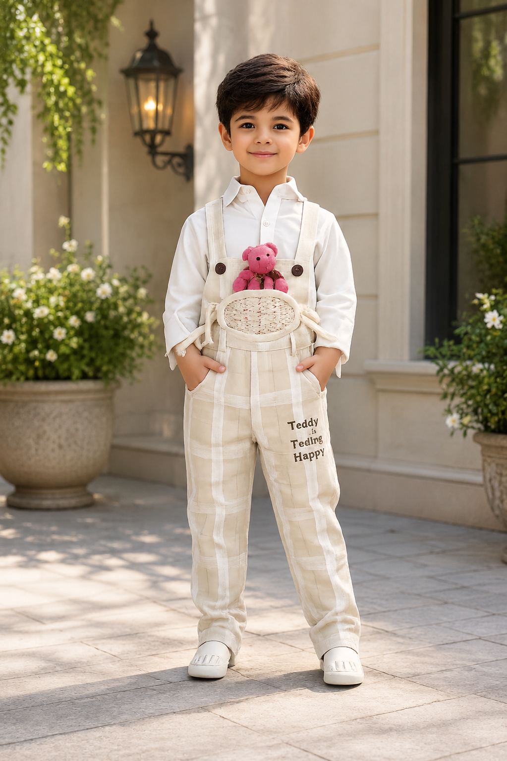 Boys Cream Checked Teddy Pocket Dungaree with White Cotton Shirt | Casual & Party Wear Kids Outfit 2976LN-221-FWN