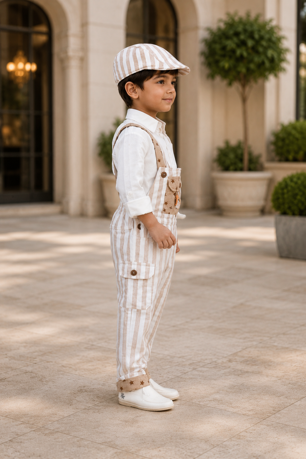 Boys Beige Stripe Dungaree Set with White Shirt, Bow Tie & Matching Cap | Premium Casual & Party Wear Outfit for Kids 2701LN-221-FWN - Image 2