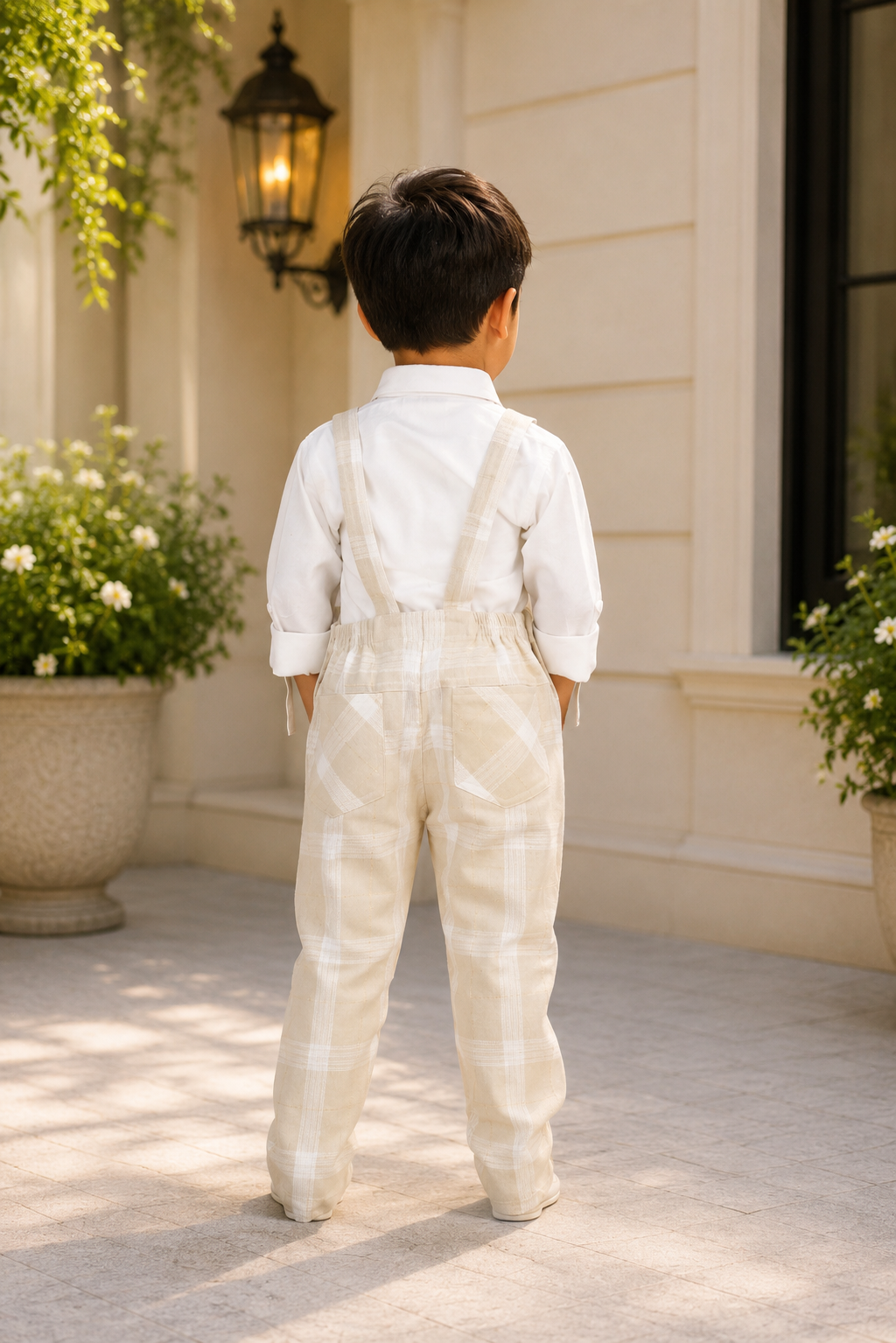 Boys Cream Checked Teddy Pocket Dungaree with White Cotton Shirt | Casual & Party Wear Kids Outfit 2976LN-221-FWN - Image 2