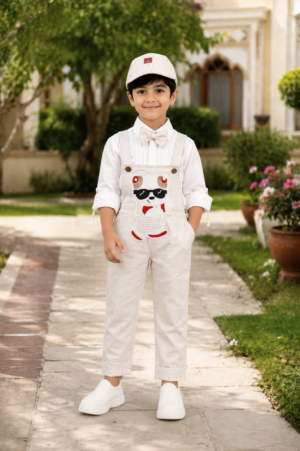 Boys White Teddy Bear Dungaree Set with Shirt, Bow Tie & Matching Cap | Premium Party & Festive Wear Outfit 2817LN-221-FWN