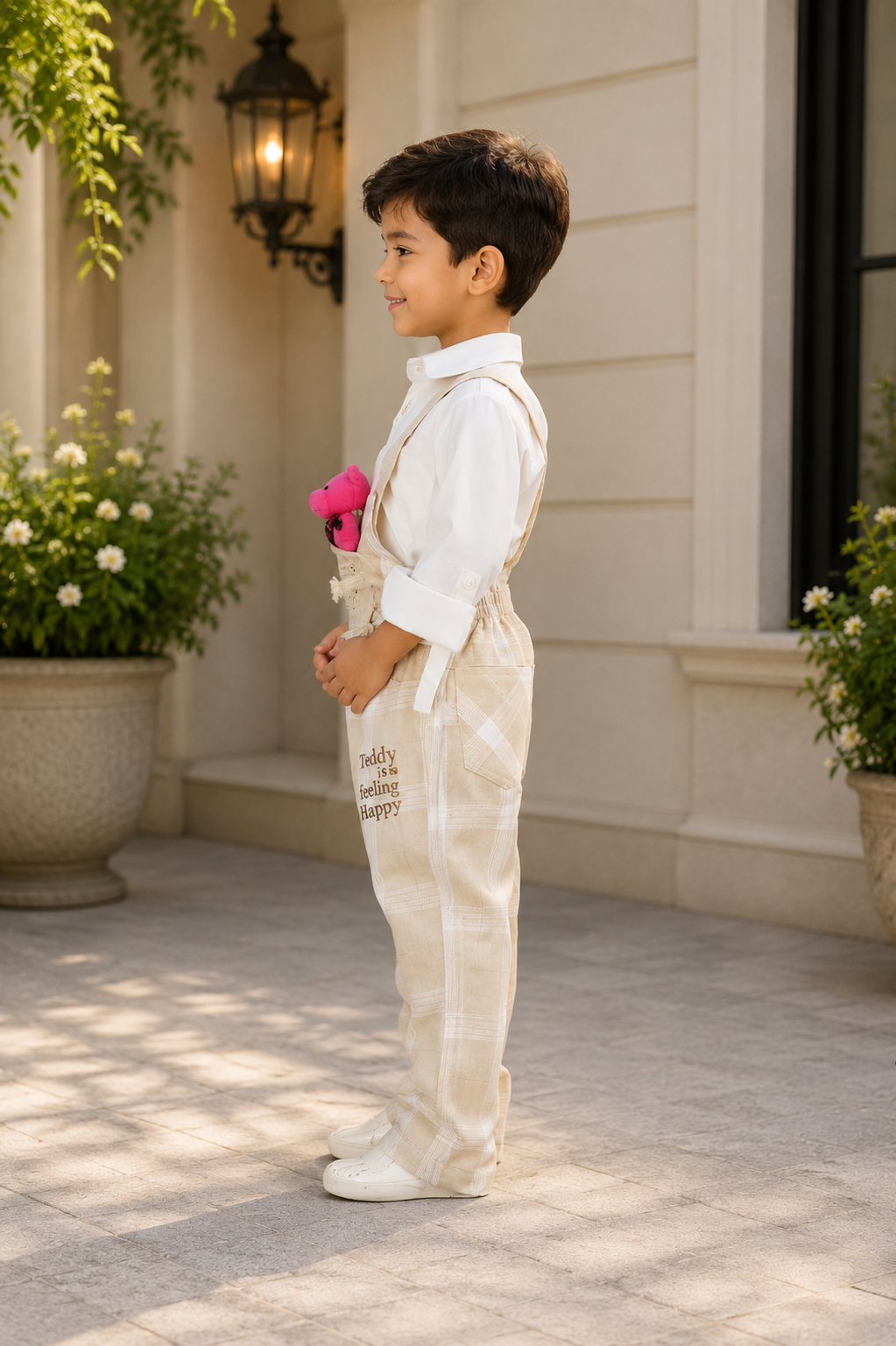 Boys Cream Checked Teddy Pocket Dungaree with White Cotton Shirt | Casual & Party Wear Kids Outfit 2976LN-221-FWN - Image 3