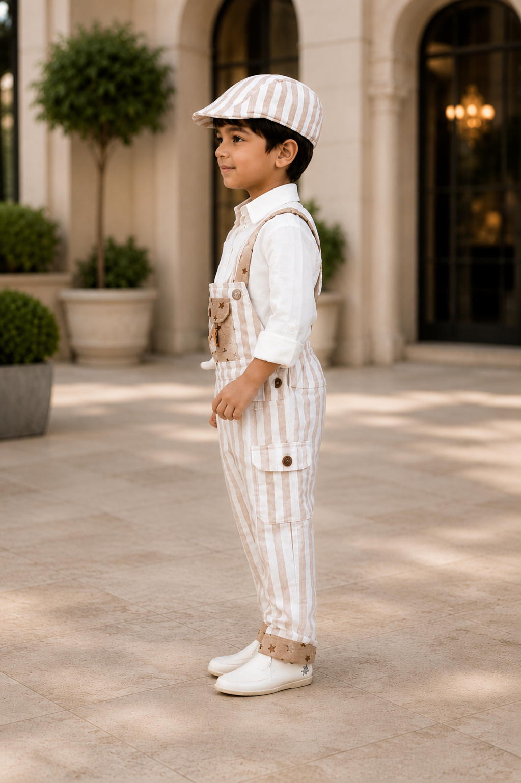 Boys Beige Stripe Dungaree Set with White Shirt, Bow Tie & Matching Cap | Premium Casual & Party Wear Outfit for Kids 2701LN-221-FWN - Image 3