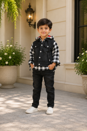 Boys Black Denim Jacket with Checked Hooded Shirt, Graphic T-Shirt & Black Pants | Premium Casual Co-Ord Set 3120CH-221-BLK