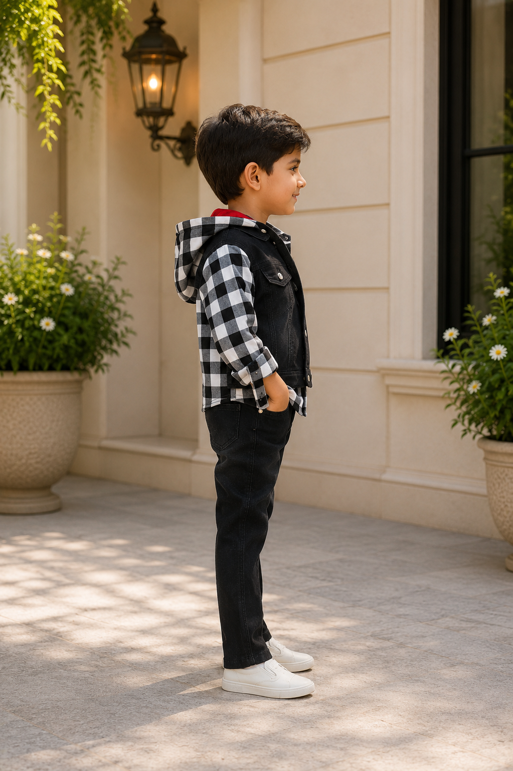 Boys Black Denim Jacket with Checked Hooded Shirt, Graphic T-Shirt & Black Pants | Premium Casual Co-Ord Set 3120CH-221-BLK - Image 2