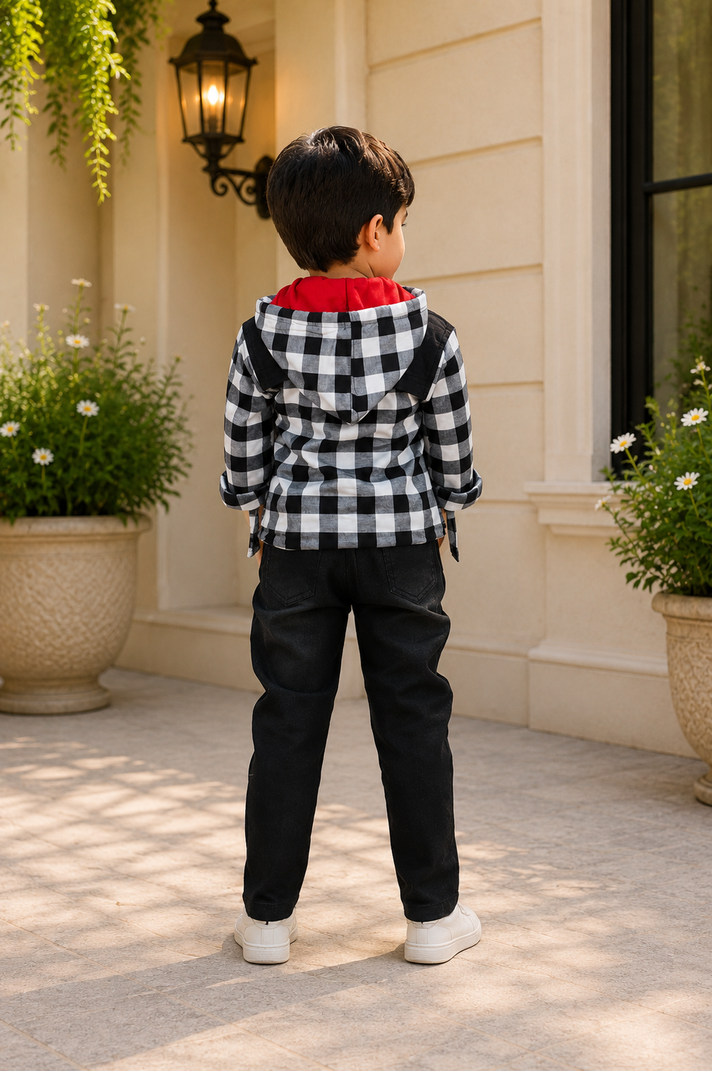 Boys Black Denim Jacket with Checked Hooded Shirt, Graphic T-Shirt & Black Pants | Premium Casual Co-Ord Set 3120CH-221-BLK - Image 3
