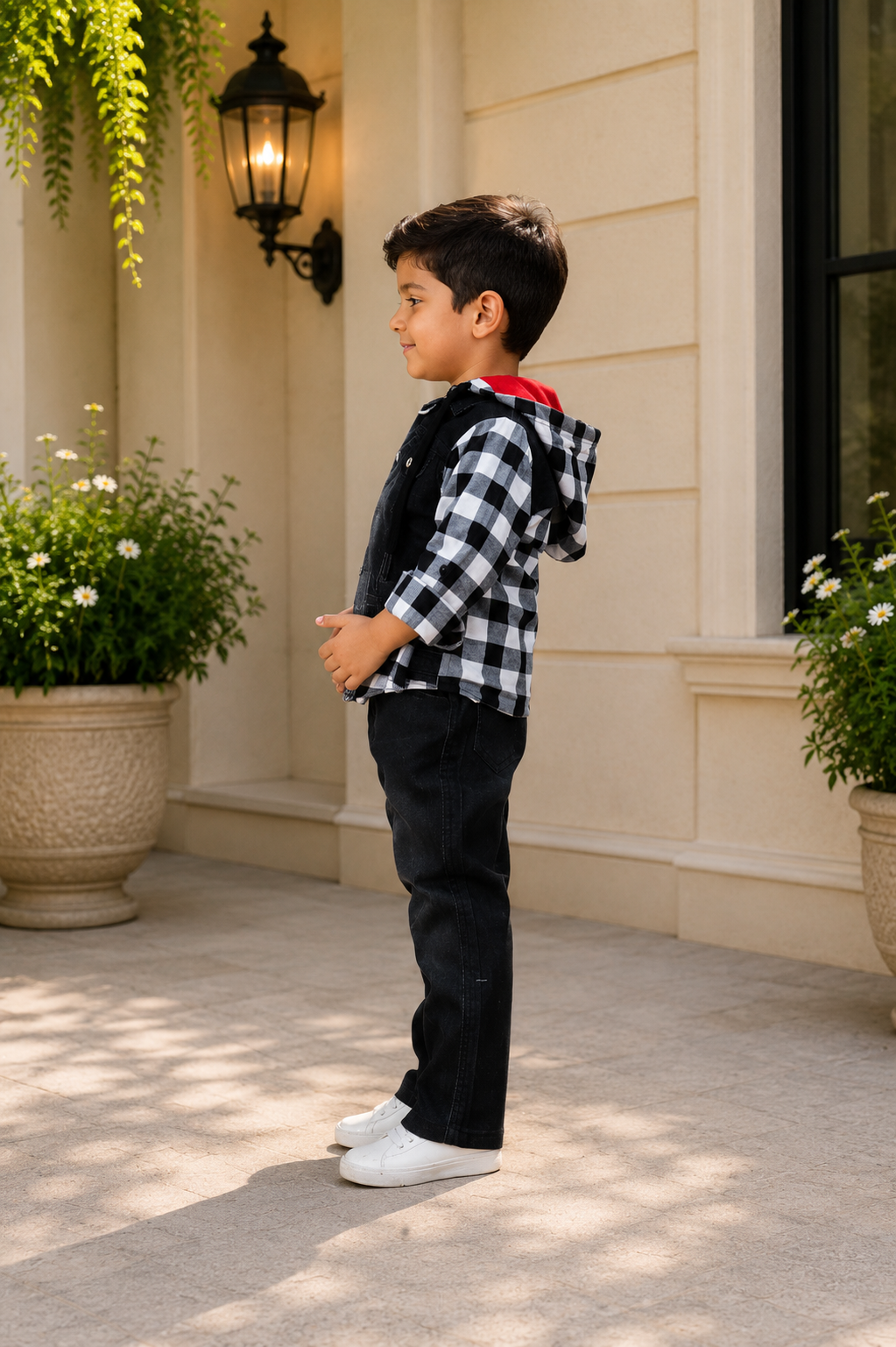 Boys Black Denim Jacket with Checked Hooded Shirt, Graphic T-Shirt & Black Pants | Premium Casual Co-Ord Set 3120CH-221-BLK - Image 4