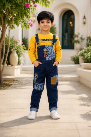 Boys Blue Denim Dungaree with Yellow Graphic Full Sleeve T-Shirt | Premium Casual Kids Outfit 3114PT-221-BLU