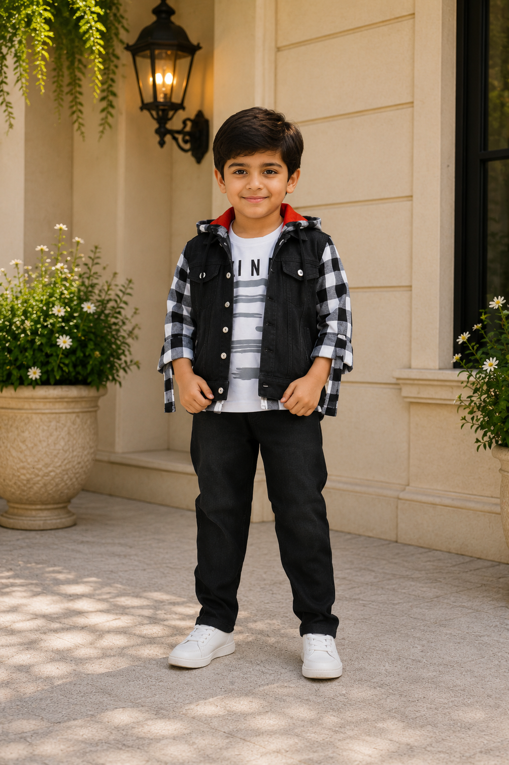 Boys Black Denim Jacket with Checked Hooded Shirt, Graphic T-Shirt & Black Pants | Premium Casual Co-Ord Set 3120CH-221-BLK - Image 5