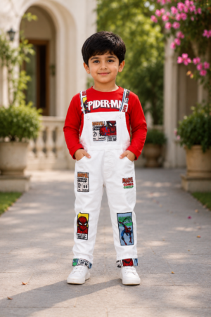 Boys Spider-Man Printed White Dungaree with Red Full Sleeve T-Shirt | Casual Cotton Outfit Set for Kids 3265PT-221-WHT