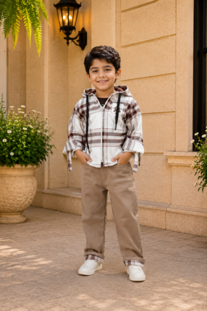 Boys Brown Checked Hooded Zip-Up Jacket with Beige Cotton Pants | Premium Casual Co-Ord Set 3178CH-221-FWN