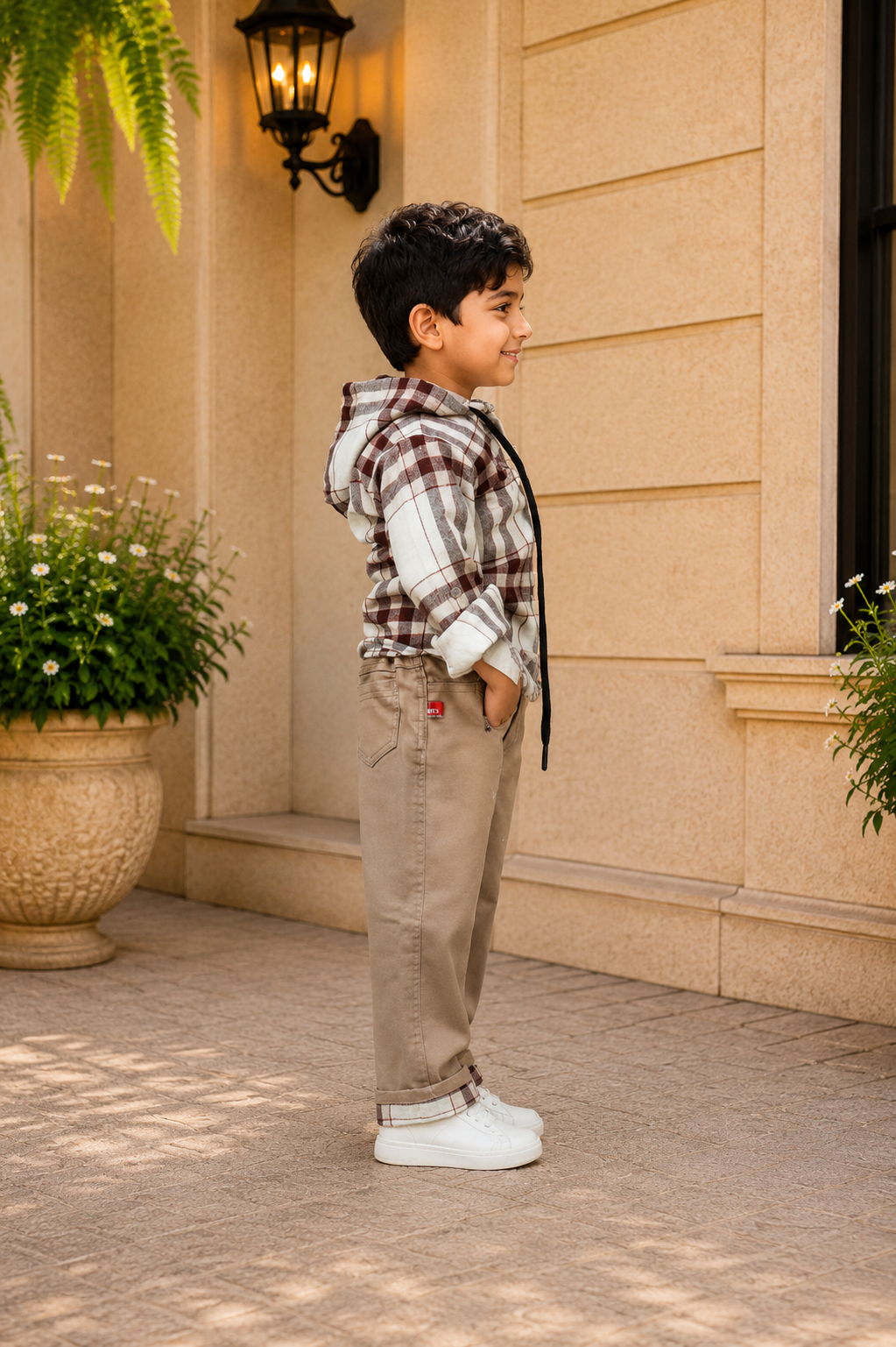Boys Brown Checked Hooded Zip-Up Jacket with Beige Cotton Pants | Premium Casual Co-Ord Set 3178CH-221-FWN - Image 4