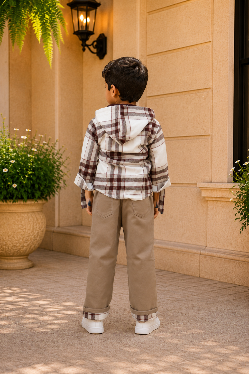 Boys Brown Checked Hooded Zip-Up Jacket with Beige Cotton Pants | Premium Casual Co-Ord Set 3178CH-221-FWN - Image 2