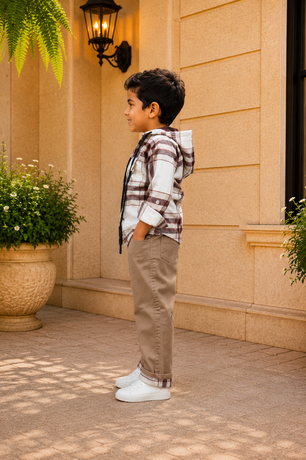 Boys Brown Checked Hooded Zip-Up Jacket with Beige Cotton Pants | Premium Casual Co-Ord Set 3178CH-221-FWN - Image 3