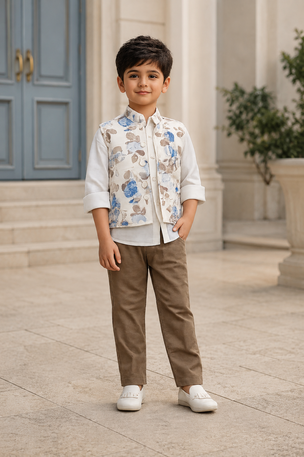 Boys Blue Floral Print Nehru Jacket with White Shirt & Brown Cotton Trousers | Premium Party & Festive Wear Set 3210PT-221-L FWN