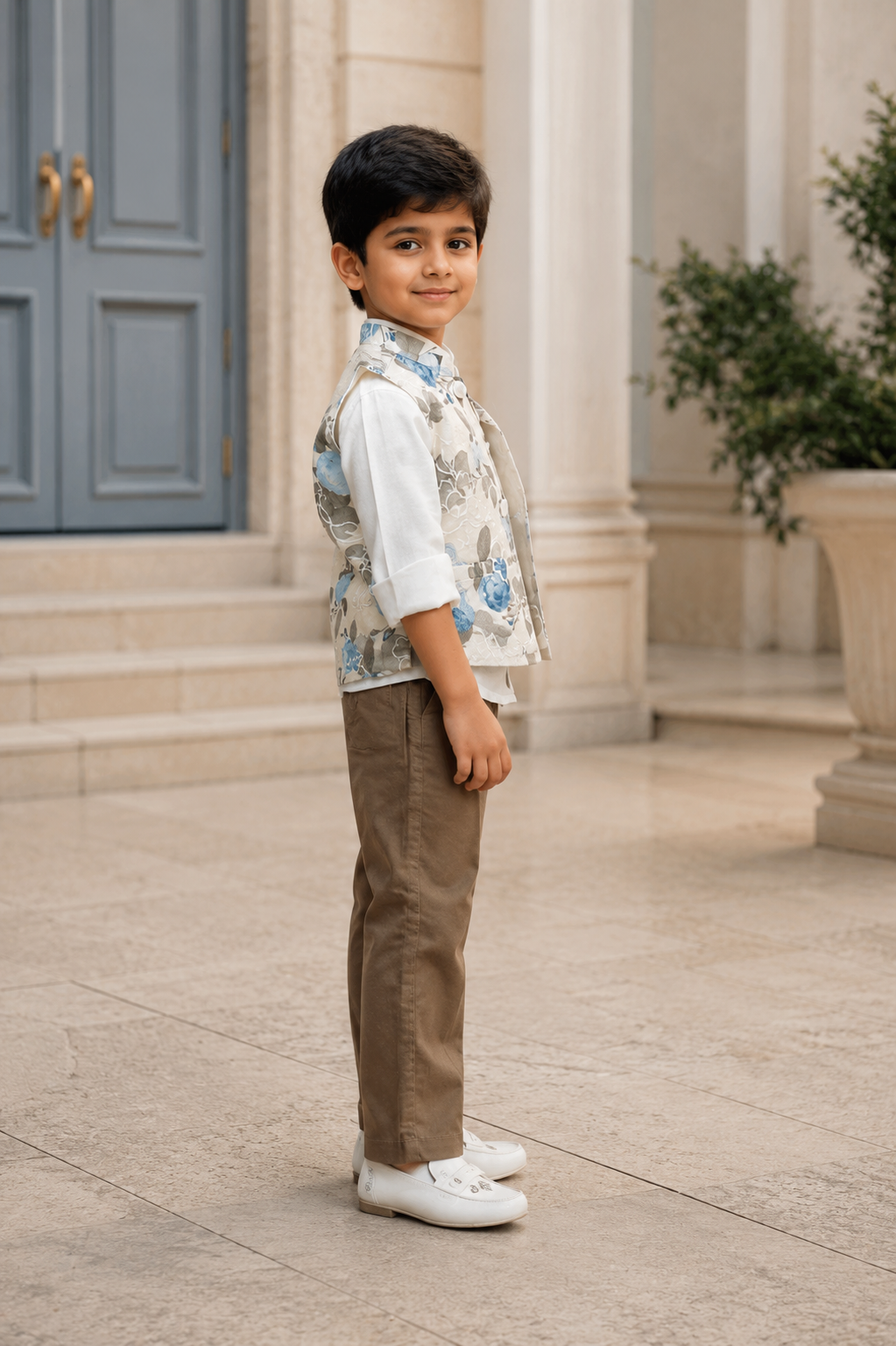 Boys Blue Floral Print Nehru Jacket with White Shirt & Brown Cotton Trousers | Premium Party & Festive Wear Set 3210PT-221-L FWN - Image 5