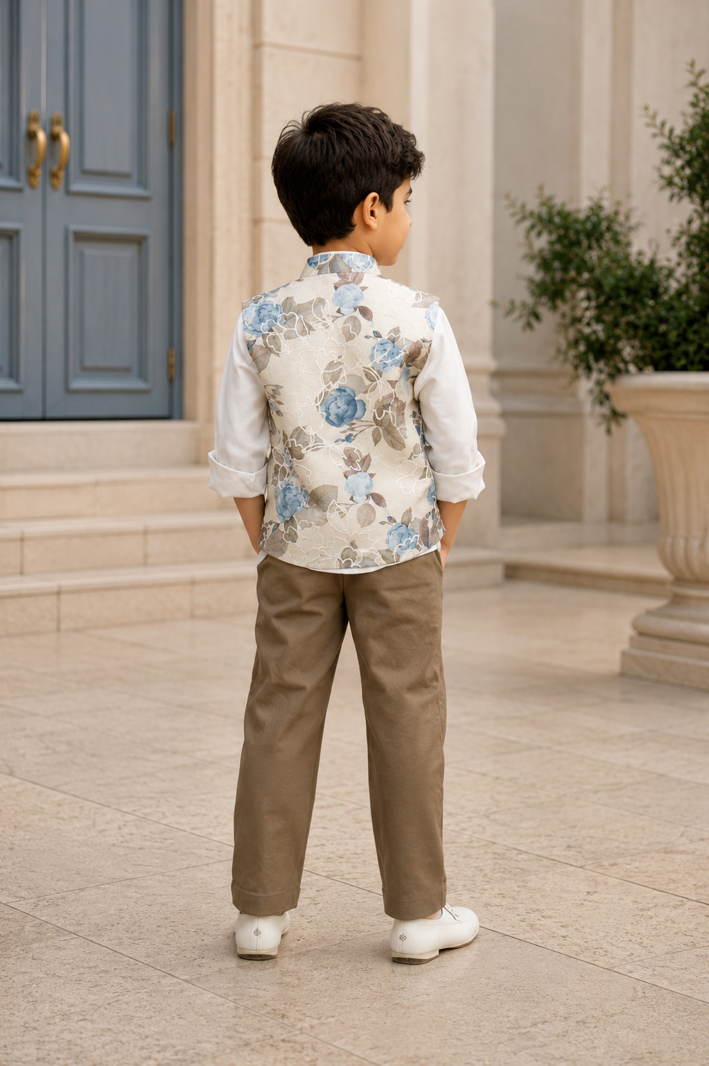 Boys Blue Floral Print Nehru Jacket with White Shirt & Brown Cotton Trousers | Premium Party & Festive Wear Set 3210PT-221-L FWN - Image 2