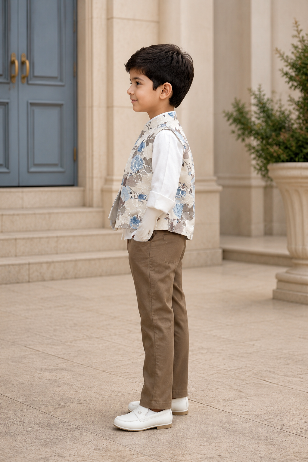 Boys Blue Floral Print Nehru Jacket with White Shirt & Brown Cotton Trousers | Premium Party & Festive Wear Set 3210PT-221-L FWN - Image 3