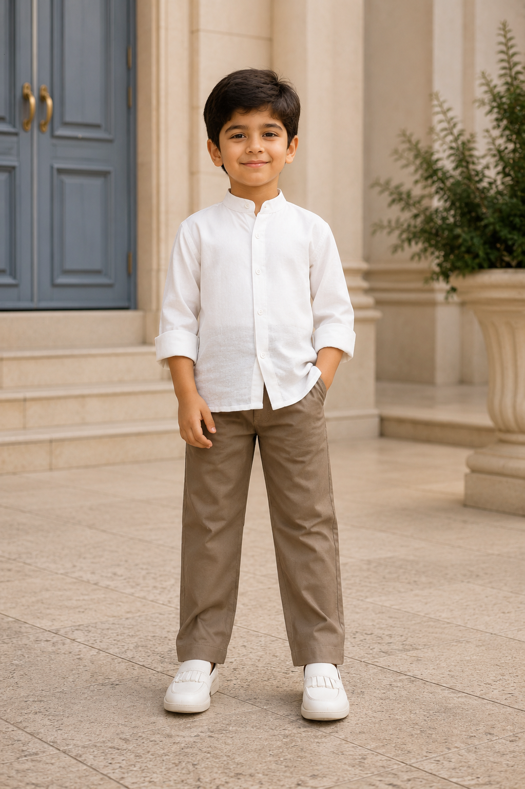 Boys Blue Floral Print Nehru Jacket with White Shirt & Brown Cotton Trousers | Premium Party & Festive Wear Set 3210PT-221-L FWN - Image 4