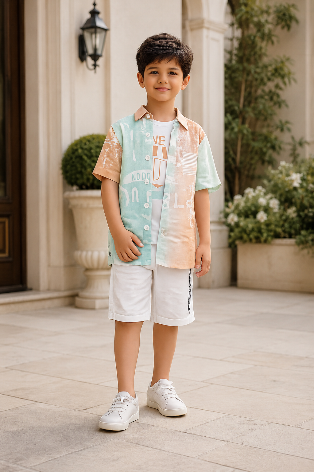 Boys Pastel Printed Half Sleeve Shirt & White Shorts Co-ord Set | Premium Summer Casual Outfit for Kids 2585PT-30-RST