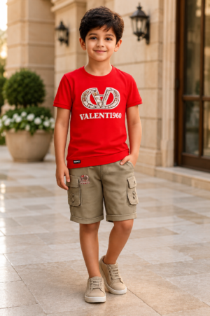 Boys Red Graphic T-Shirt & Beige Cargo Shorts Co-Ord Set | Casual Summer Outfit | Comfortable Cotton Blend 8358PT-30-RED