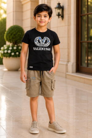 Boys Black Graphic T-Shirt & Beige Cargo Shorts Co-Ord Set | Casual Summer Outfit |  8358PT-30-BLK