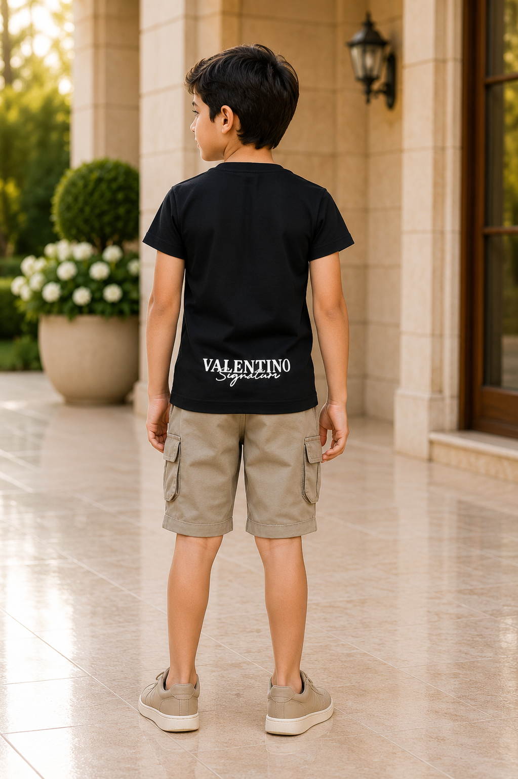 Boys Black Graphic T-Shirt & Beige Cargo Shorts Co-Ord Set | Casual Summer Outfit | 8358PT-30-BLK - Image 2