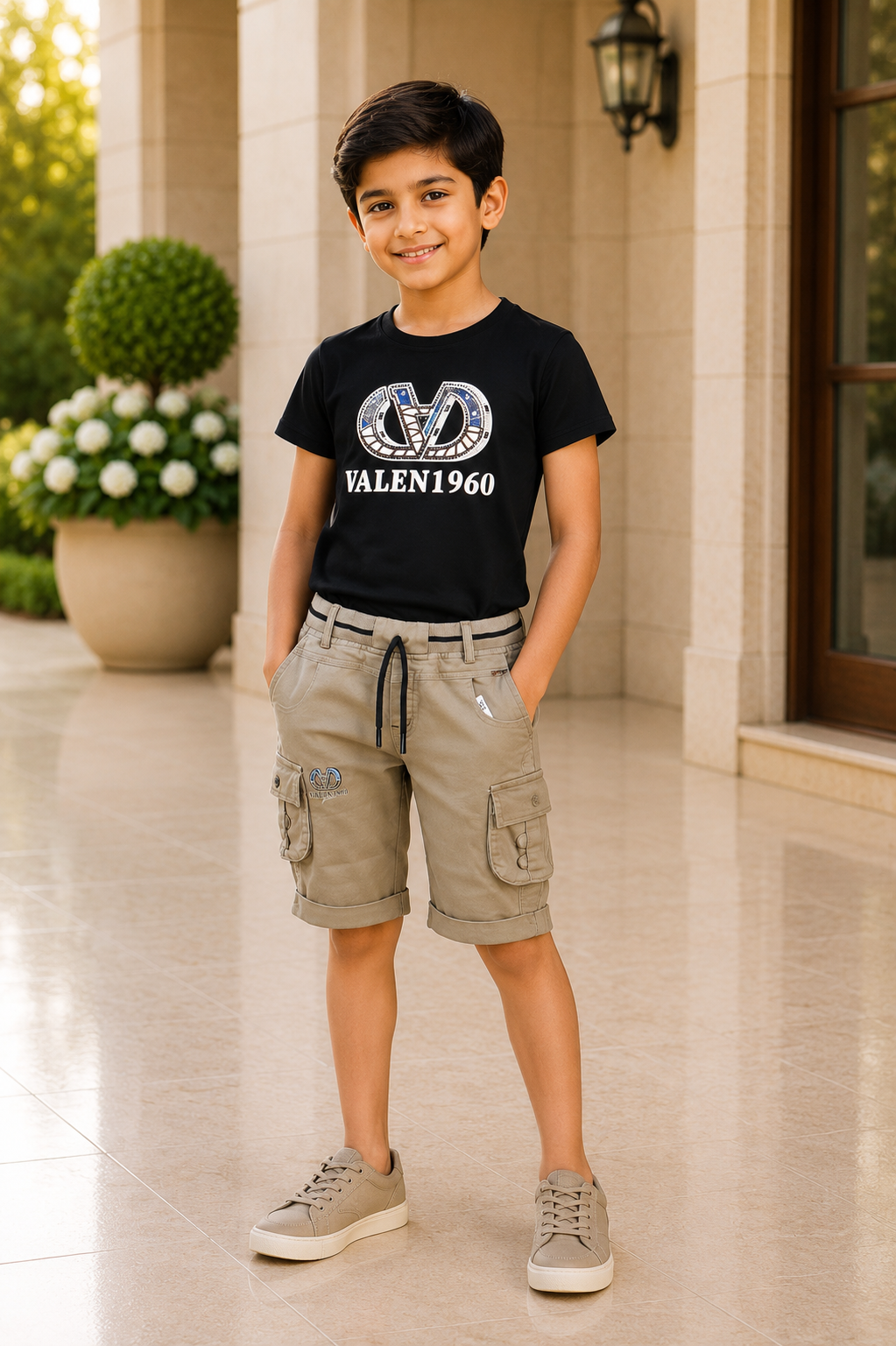 Boys Black Graphic T-Shirt & Beige Cargo Shorts Co-Ord Set | Casual Summer Outfit | 8358PT-30-BLK - Image 3