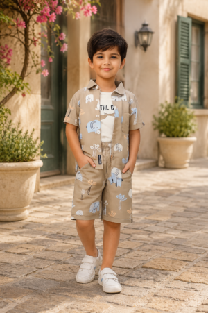 Boys Beige Elephant Print Half Sleeve  Shorts Co-ord Set | Premium Cotton Summer Outfit for Kids  385PT-30-FWN
