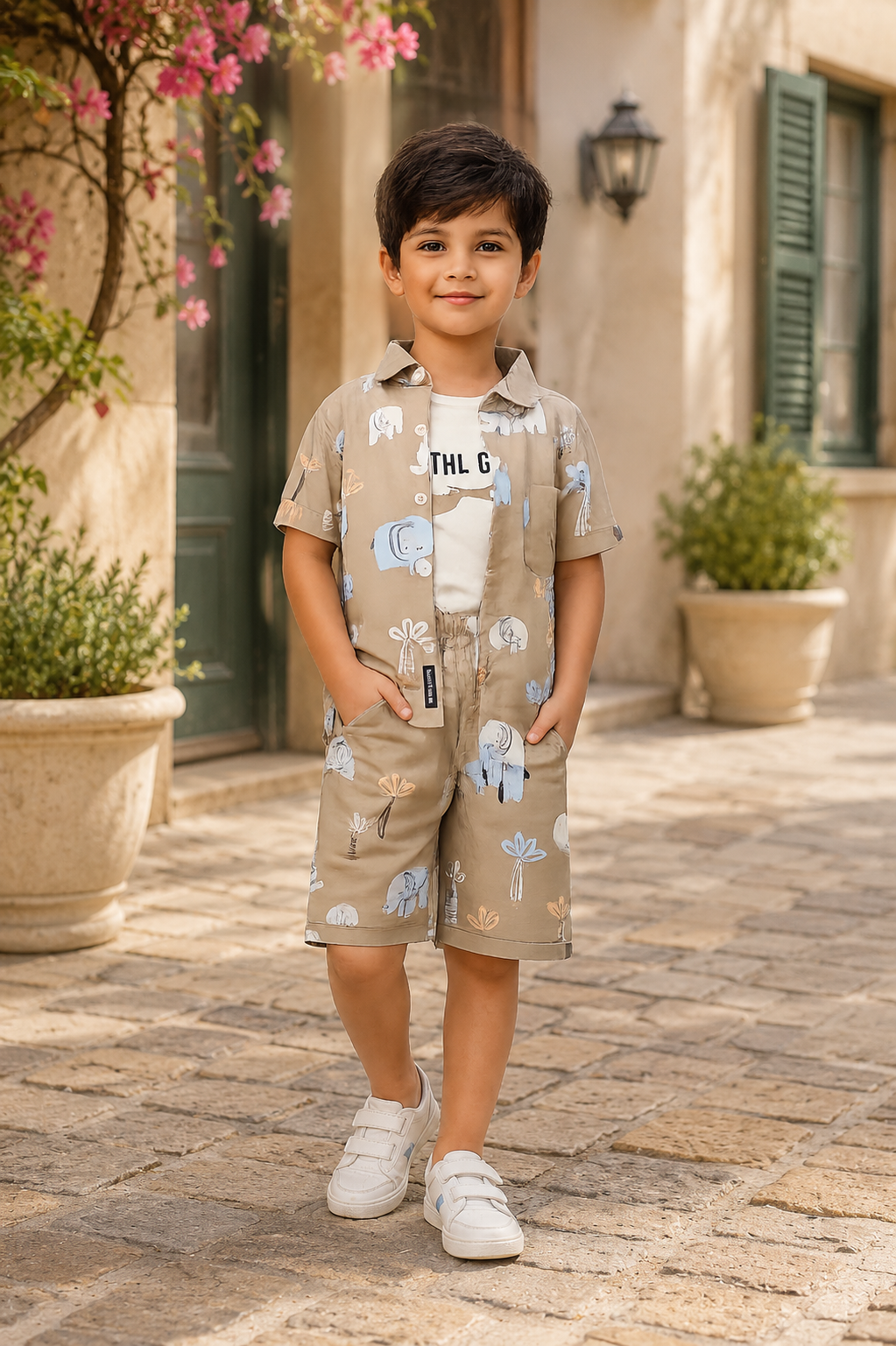 Boys Beige Elephant Print Half Sleeve Shorts Co-ord Set | Premium Cotton Summer Outfit for Kids 385PT-30-FWN