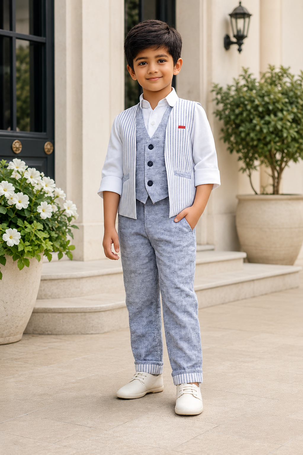 Boys Blue Stripe Nehru Jacket with Textured Waistcoat, White Shirt & Trousers | Premium Wedding, Party & Festive Wear 3-Piece Set 3274LN-221-BLU